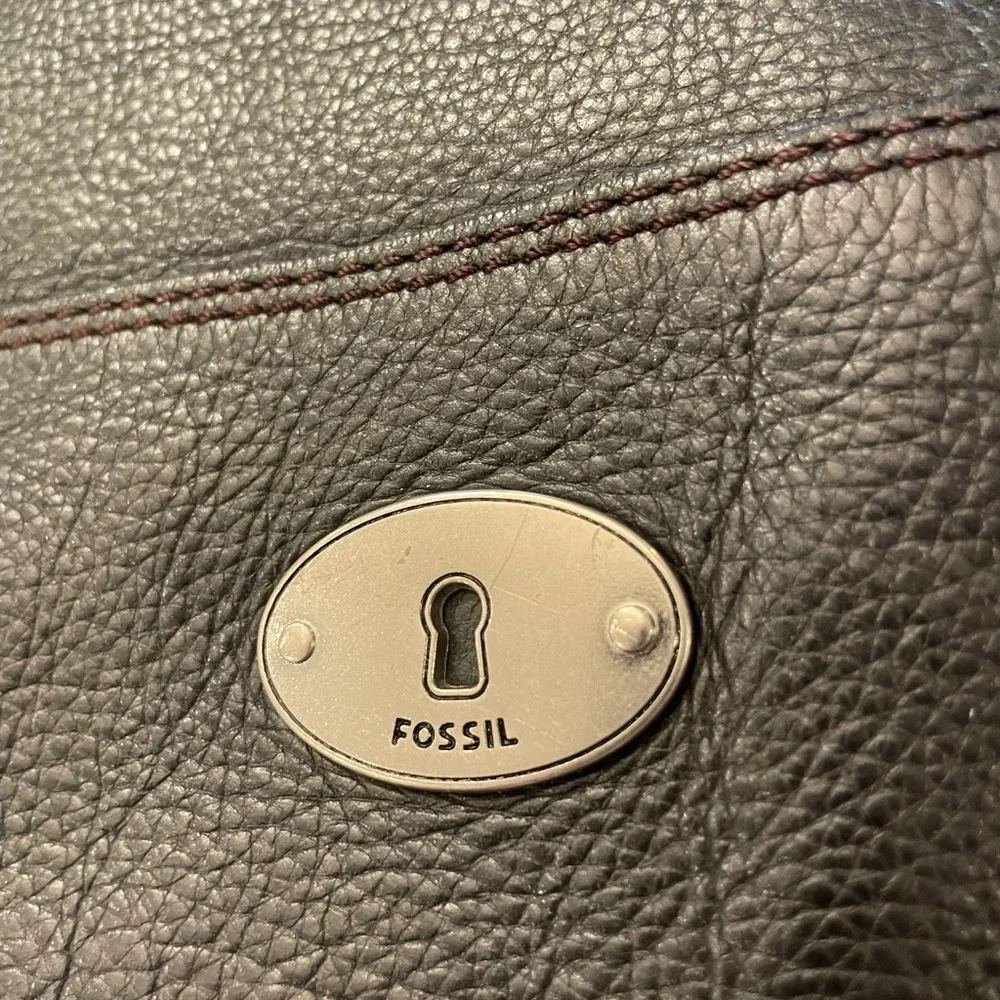 FOSSIL Black Leather Pebbled Satchel‎ Shoulder Handbag Zip Boho Hippie Western